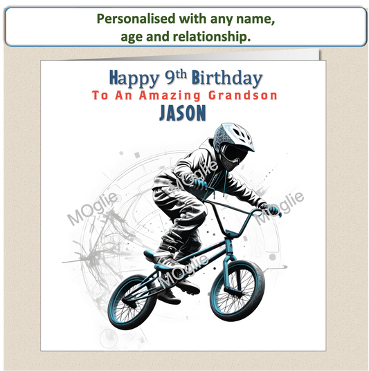 Personalised BMX biker Birthday teenager pre-teen card BMX2