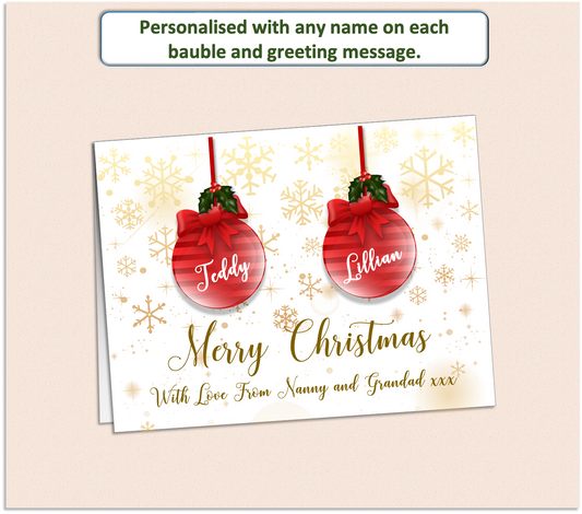 Personalised Christmas card with baubles each with a name of the recipient family on.