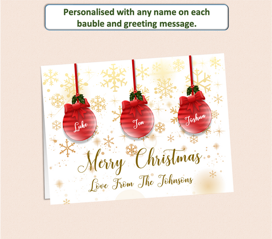 Personalised Christmas card of baubles each printed with the name of a recipient