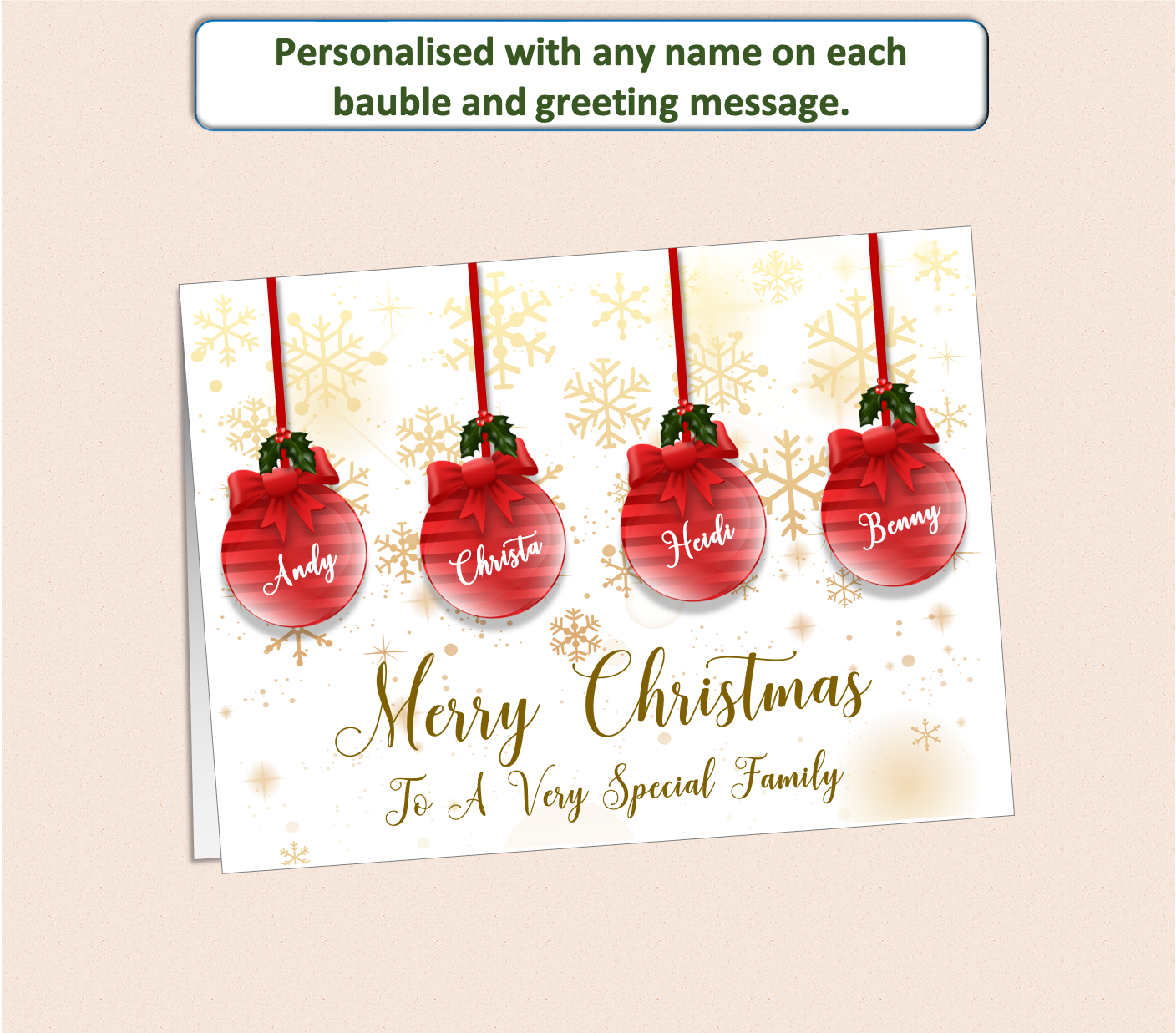 Personalised Christmas card with 4 baubles each with a name of the recipient family on.