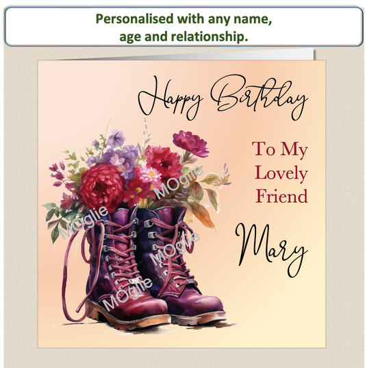 Personalised Birthday Boot Flowers Card Daughter Sister Friend Auntie Female BOOT3