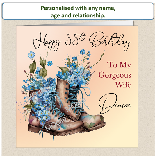 birthday card with walking boot filled with colourful flowers. Floral bloom.  Elegant scroll text