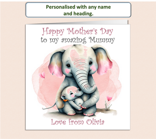 Personalised Mum and Baby Elephant Mother's Day card