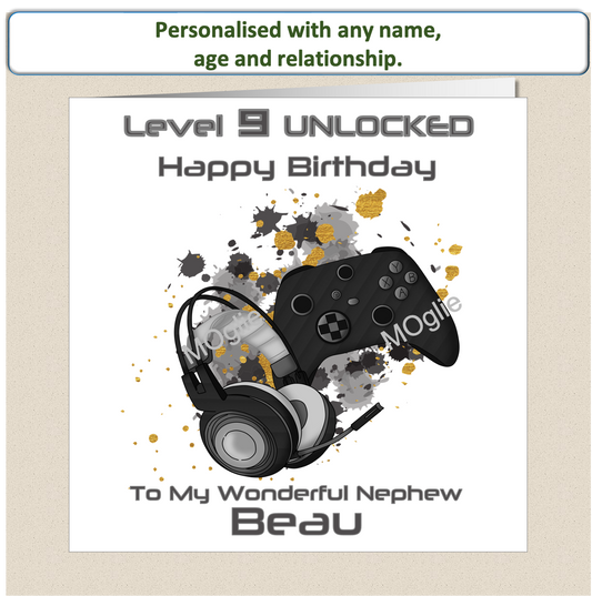 Personalised pre-teen 9 to 12 Gamer Gaming Birthday Card - Black