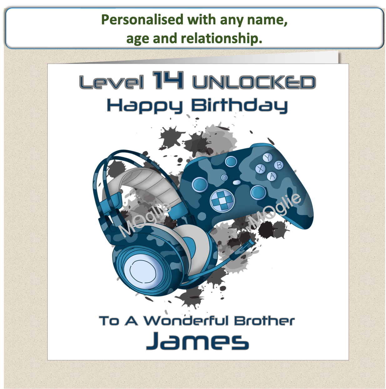 Personalised pre-teen 9 to 12 Gamer Gaming Birthday Card - Blue