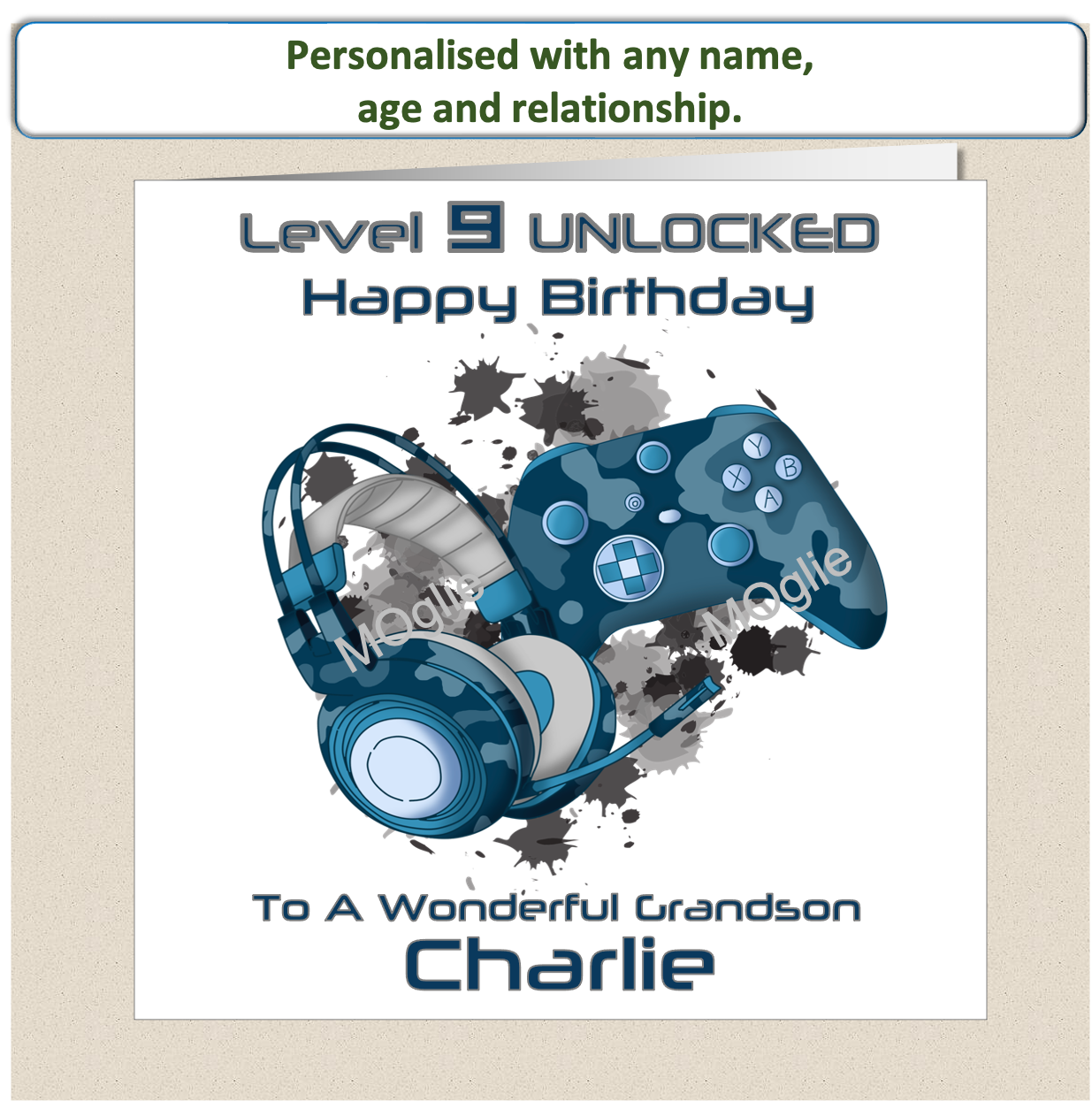 Personalised pre-teen 9 to 12 Gamer Gaming Birthday Card - Blue