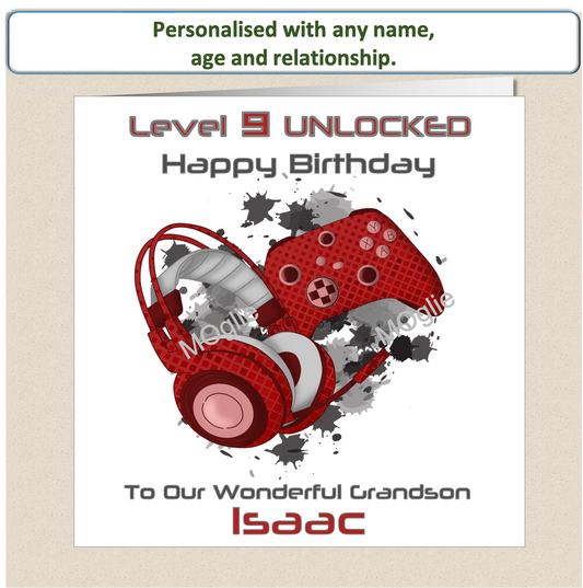 Personalised pre-teen 9 to 12 Gamer Gaming Birthday Card - Red