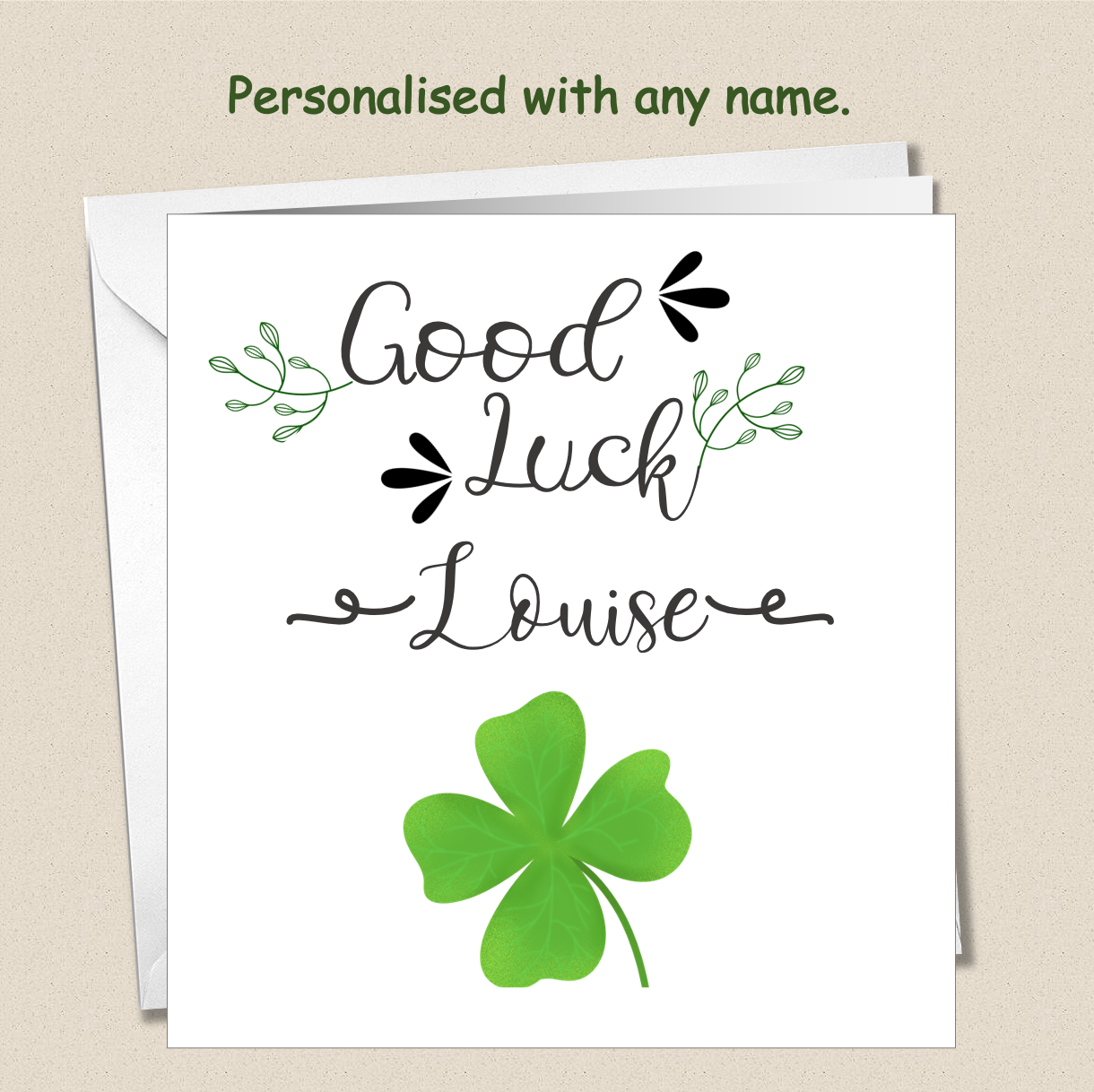 Personalised Good Luck card - four 4 leaf clover scroll | MOglie