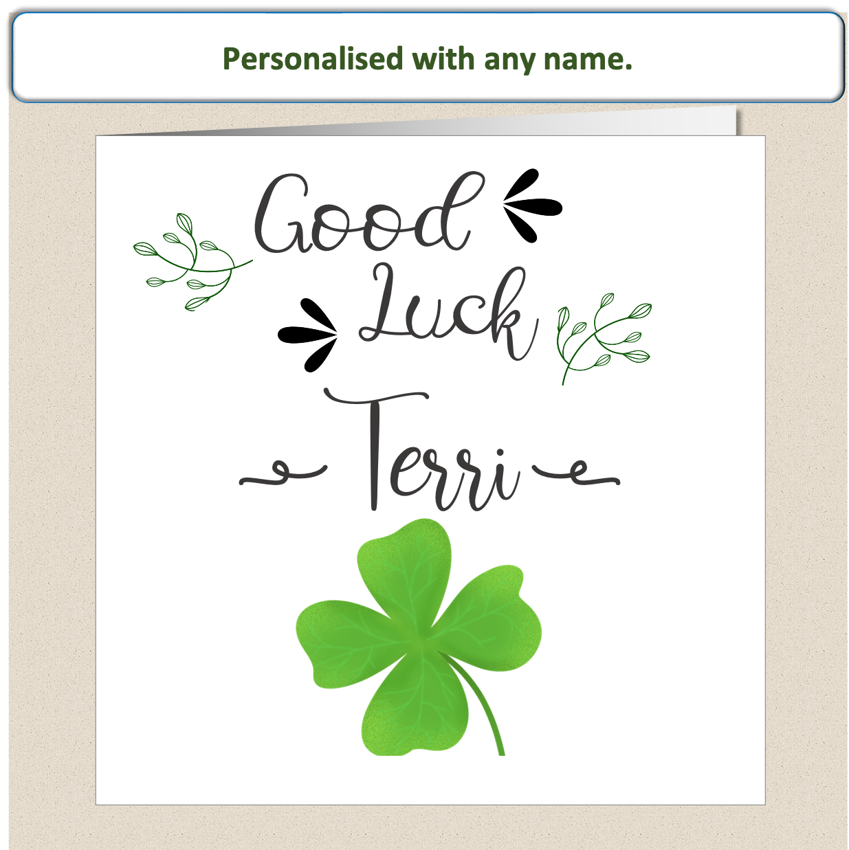 Personalised Good Luck card - four 4 leaf clover scroll