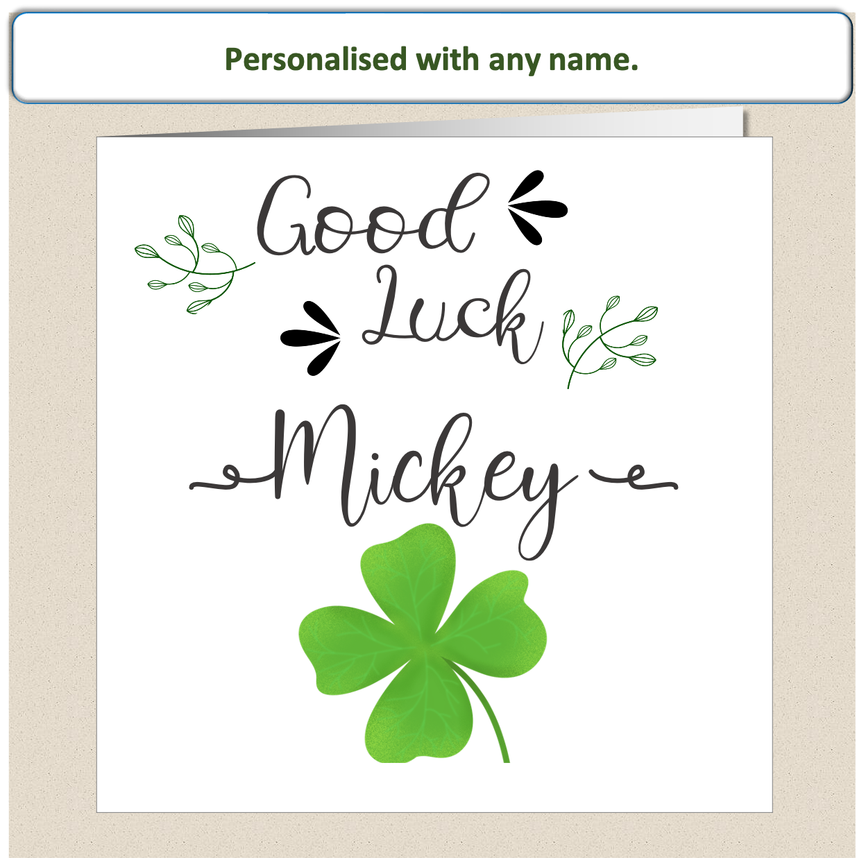 Personalised Good Luck card - four 4 leaf clover scroll