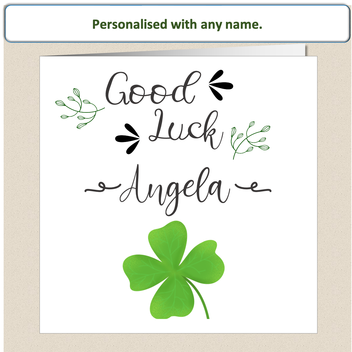 Personalised Good Luck card - four 4 leaf clover scroll