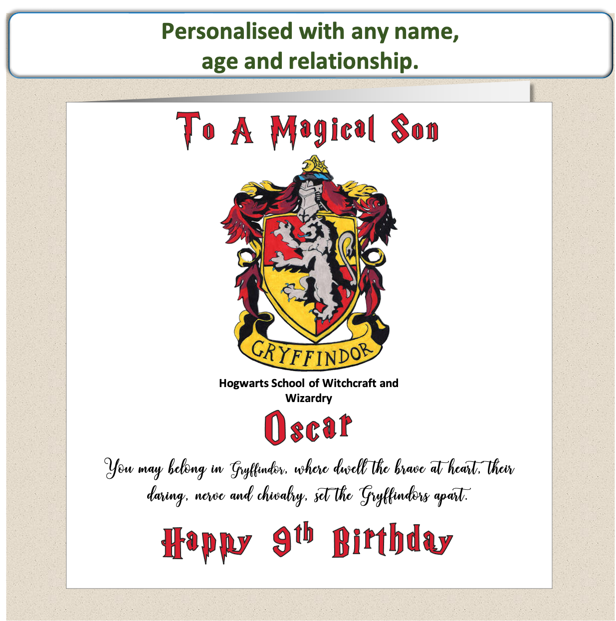 Personalised Gryffindor (Harry Potter Inspired) Birthday Card Kids