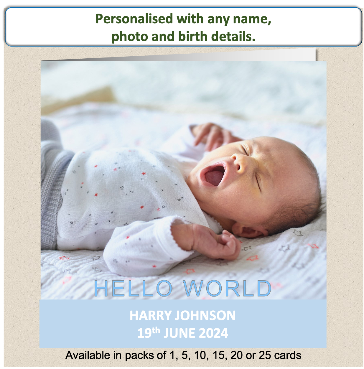 Personalised New Baby Arrival Announcement Card Hello World Blue