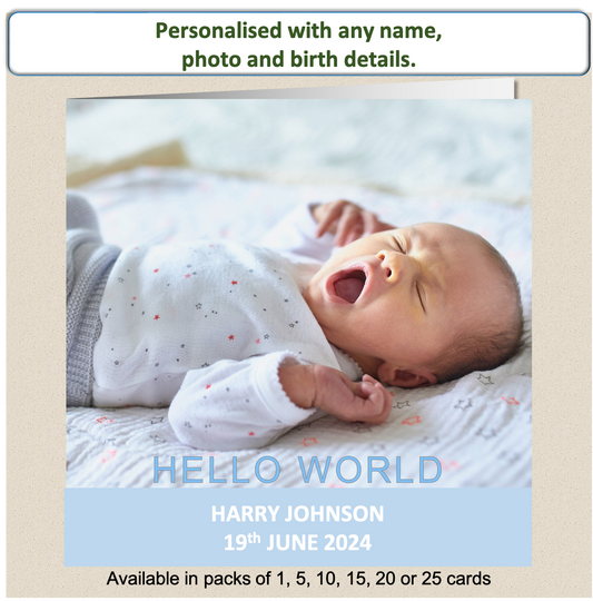 Personalised New Baby Arrival Announcement Card Hello World Blue