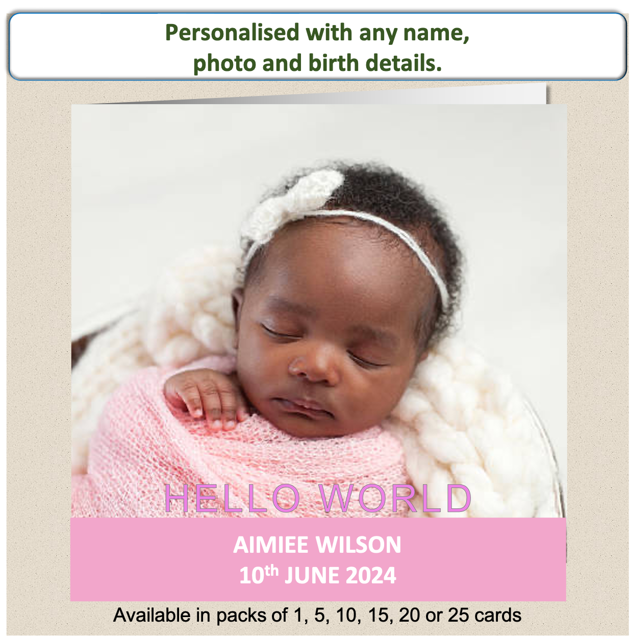 Personalised New Baby Arrival Announcement Card Hello World Pink