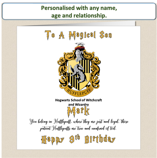 Personalised Hufflepuff (Harry Potter Inspired) Birthday Card Kids