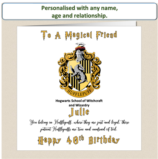 Personalised Hufflepuff (Harry Potter Inspired) Birthday Card For Her