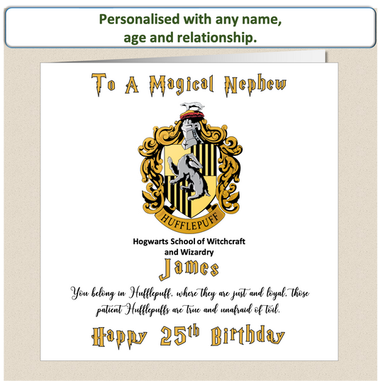 Personalised Hufflepuff (Harry Potter Inspired) Birthday Card For Him