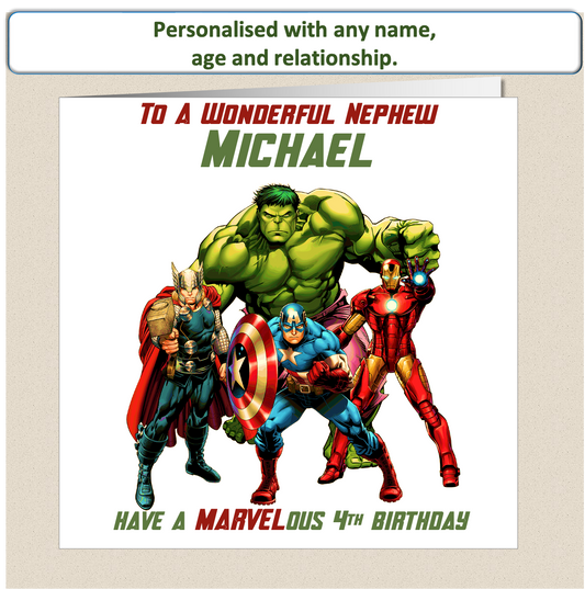 Personalised Marvel Characters Birthday Card - age 4 - 8