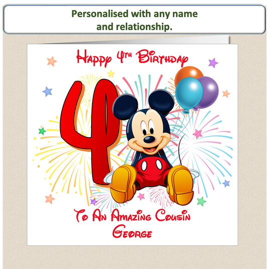 Personalised Mickey Mouse Birthday Card - 4th Birthday