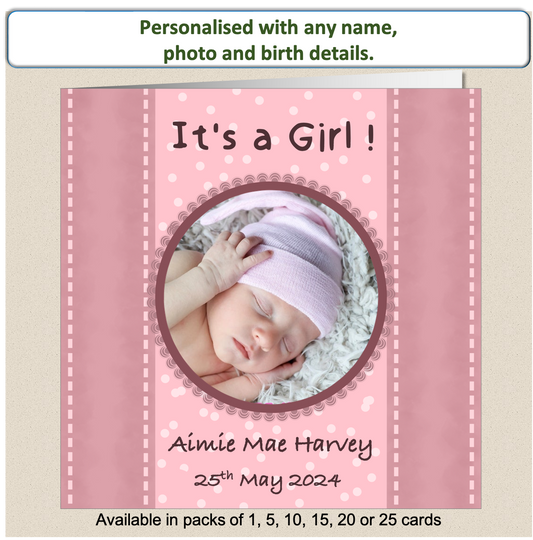 Personalised New Baby It's A Girl Announcement Card - Baby7