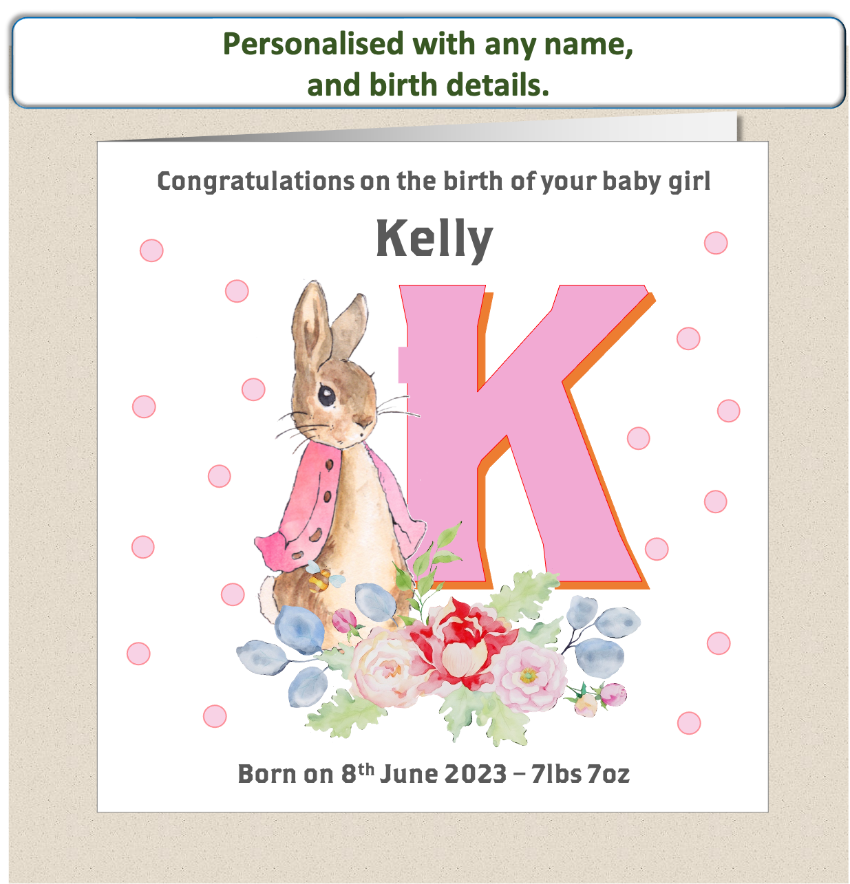 Personalised New Baby Arrival Congratulations Card - Peter Rabbit Pink