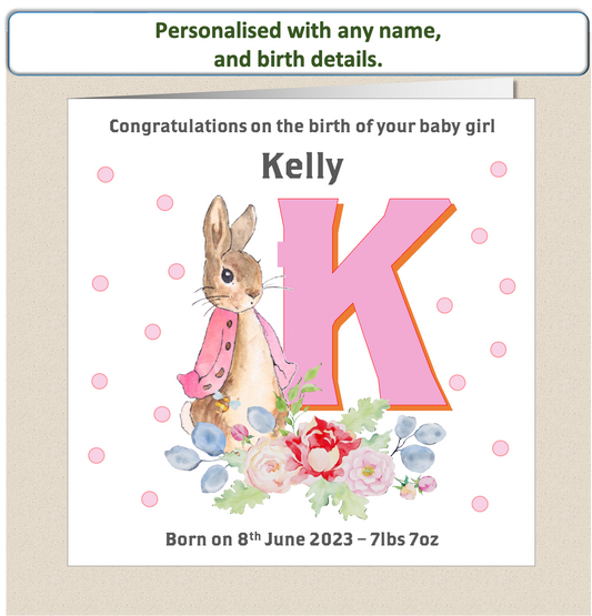 Personalised New Baby Arrival Congratulations Card - Peter Rabbit Pink