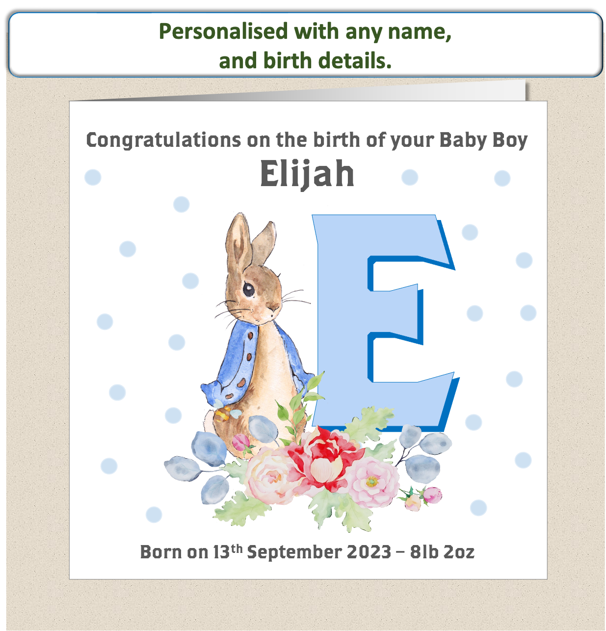 Personalised New Baby Arrival Congratulations Card - Peter Rabbit Blue