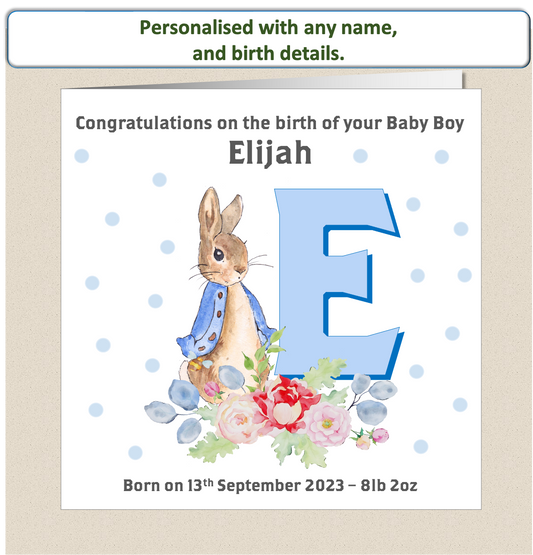 Personalised New Baby Arrival Congratulations Card - Peter Rabbit Blue