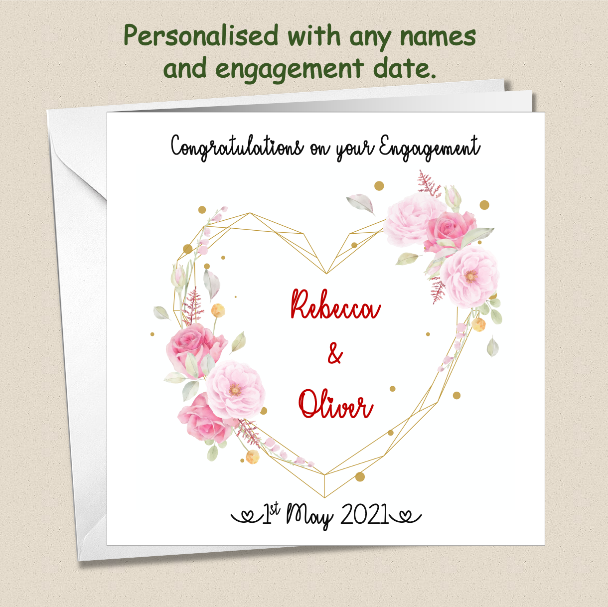 Personalised Engagement Happy Couple card - rose heart