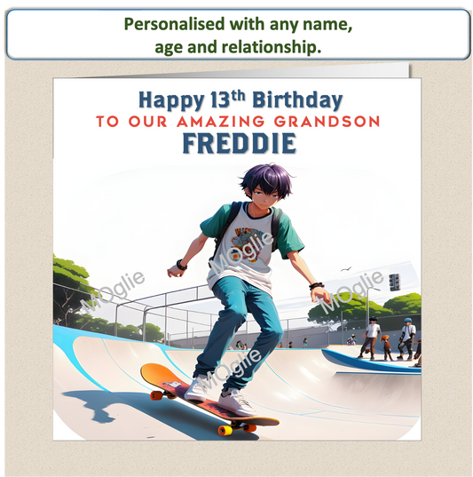 Personalised Skateboard Birthday Card teenager pre-teen boy or girl SK1