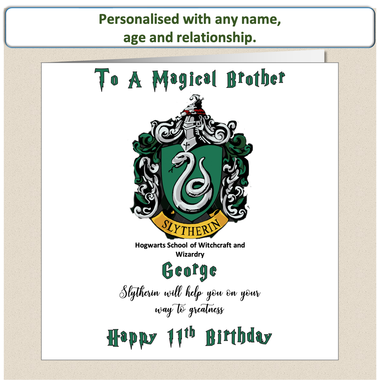 Personalised Slytherin (Harry Potter Inspired) Birthday Card Kids