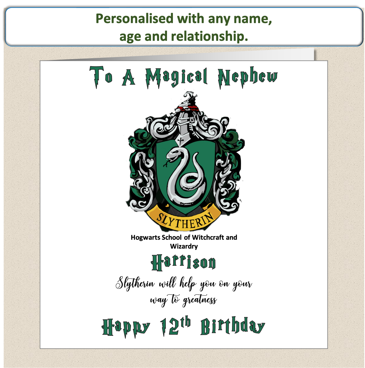 Personalised Slytherin (Harry Potter Inspired) Birthday Card Kids