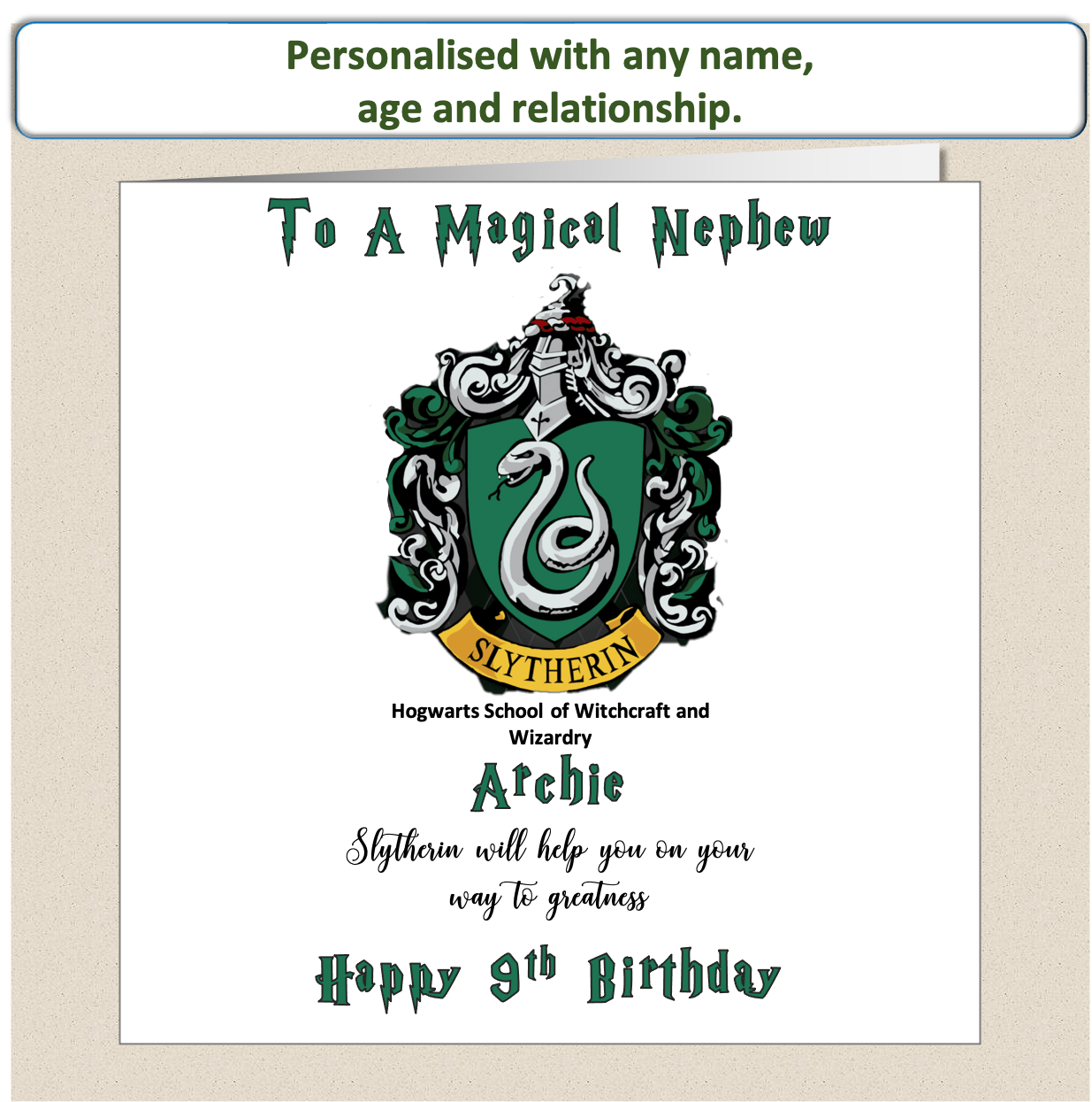 Personalised Slytherin (Harry Potter Inspired) Birthday Card Kids