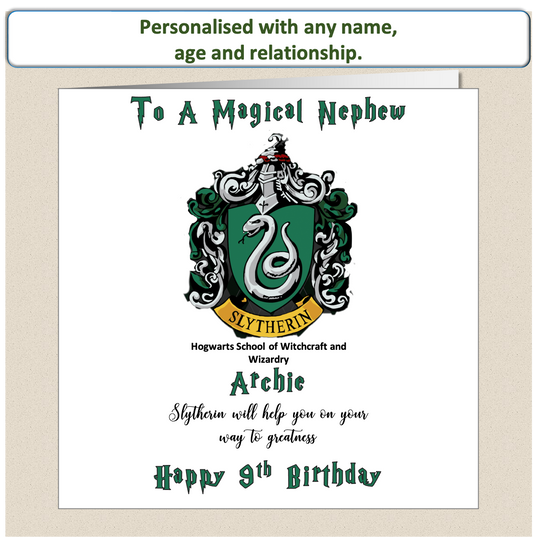 Personalised Slytherin (Harry Potter Inspired) Birthday Card Kids