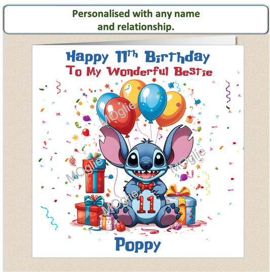 Personalised Lilo and Stitch 11th Birthday Cards with name and relationship