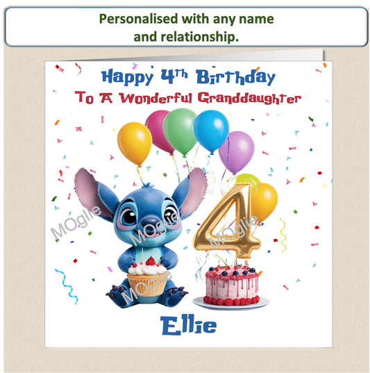 Personalised Lilo and Stitch 4th Birthday Cards with name and relationship