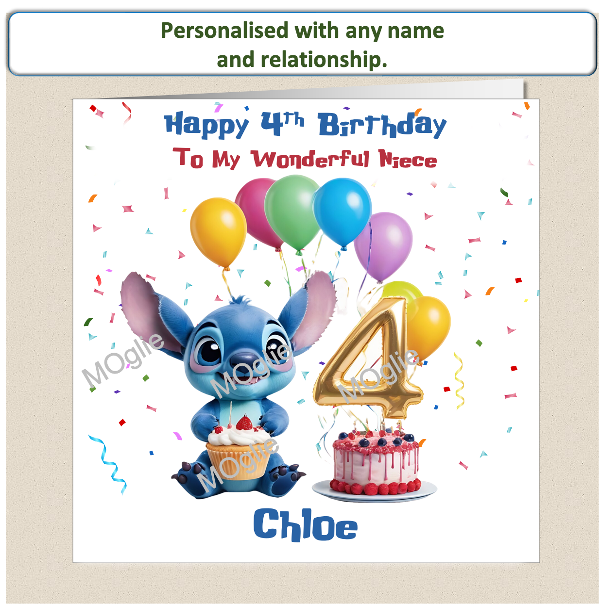 Personalised Lilo and Stitch 4th Birthday Cards with name and relationship