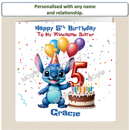 Personalised Lilo and Stitch 5th Birthday Cards with name and relationship