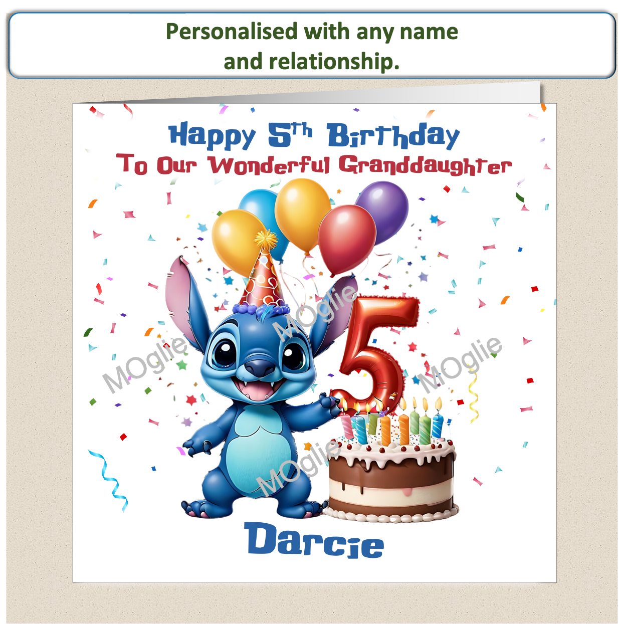 Personalised Lilo and Stitch 5th Birthday Cards with name and relationship