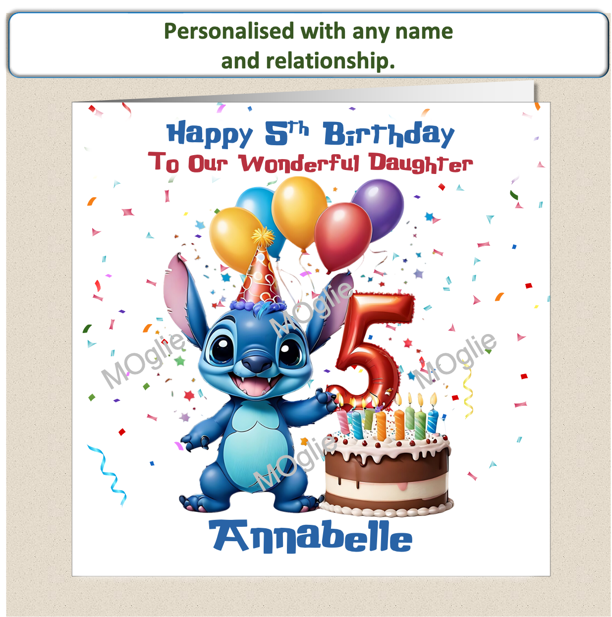 Personalised Lilo and Stitch 5th Birthday Cards with name and relationship