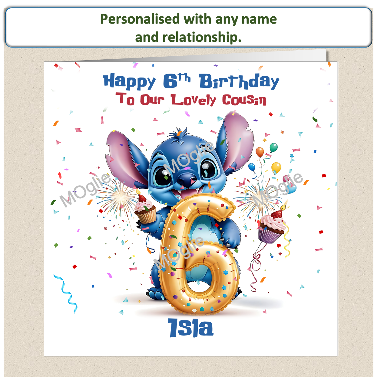 Personalised Lilo and Stitch 6th Birthday Cards with name and relationship