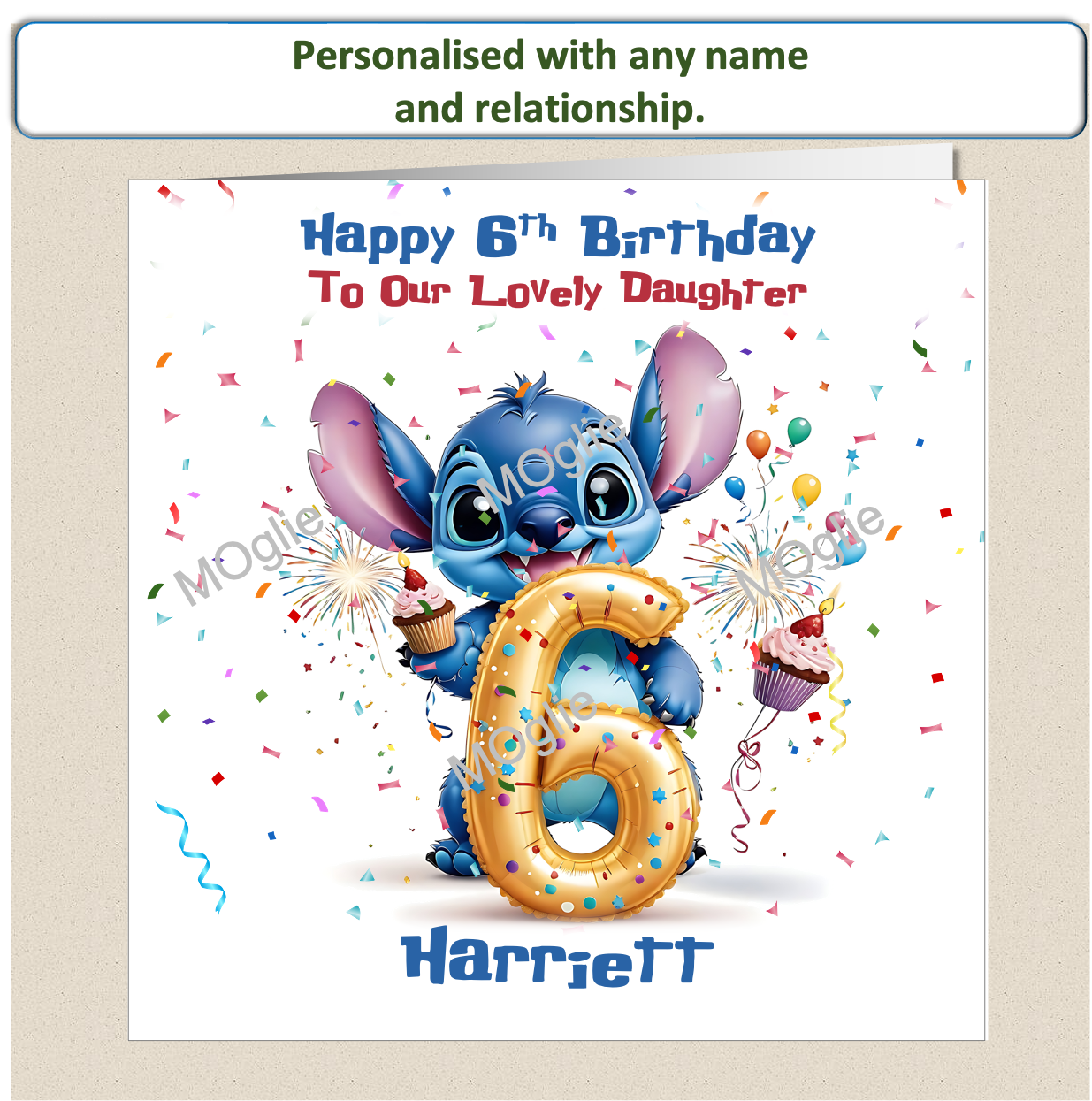 Personalised Lilo and Stitch 6th Birthday Cards with name and relationship