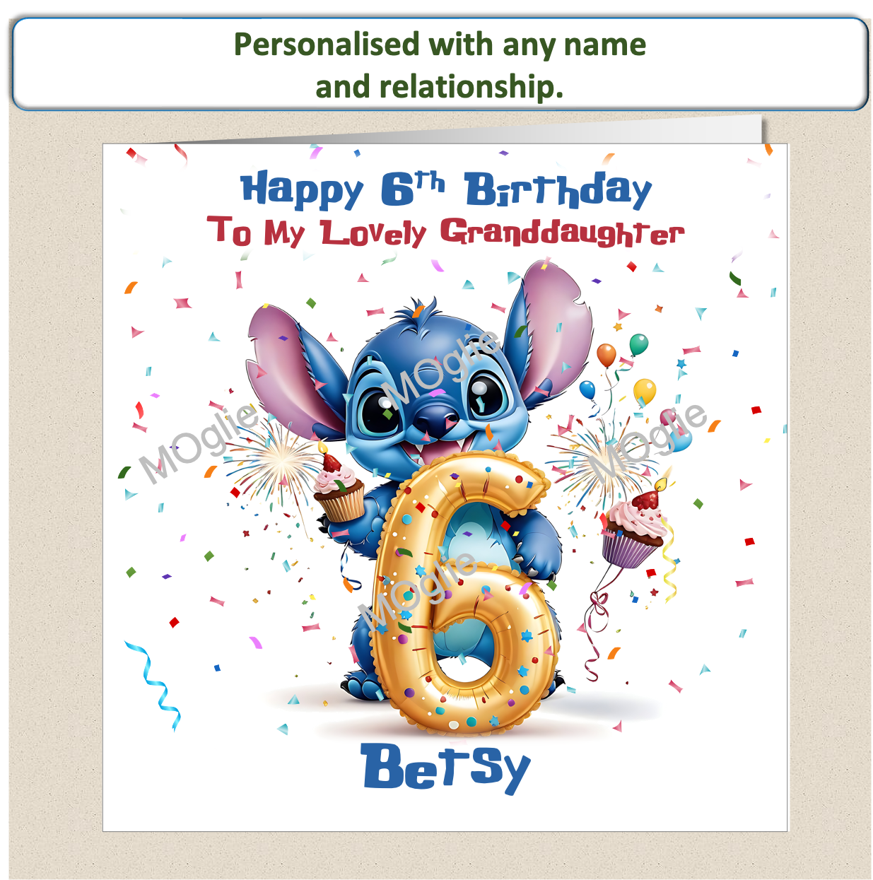 Personalised Lilo and Stitch 6th Birthday Cards with name and relationship