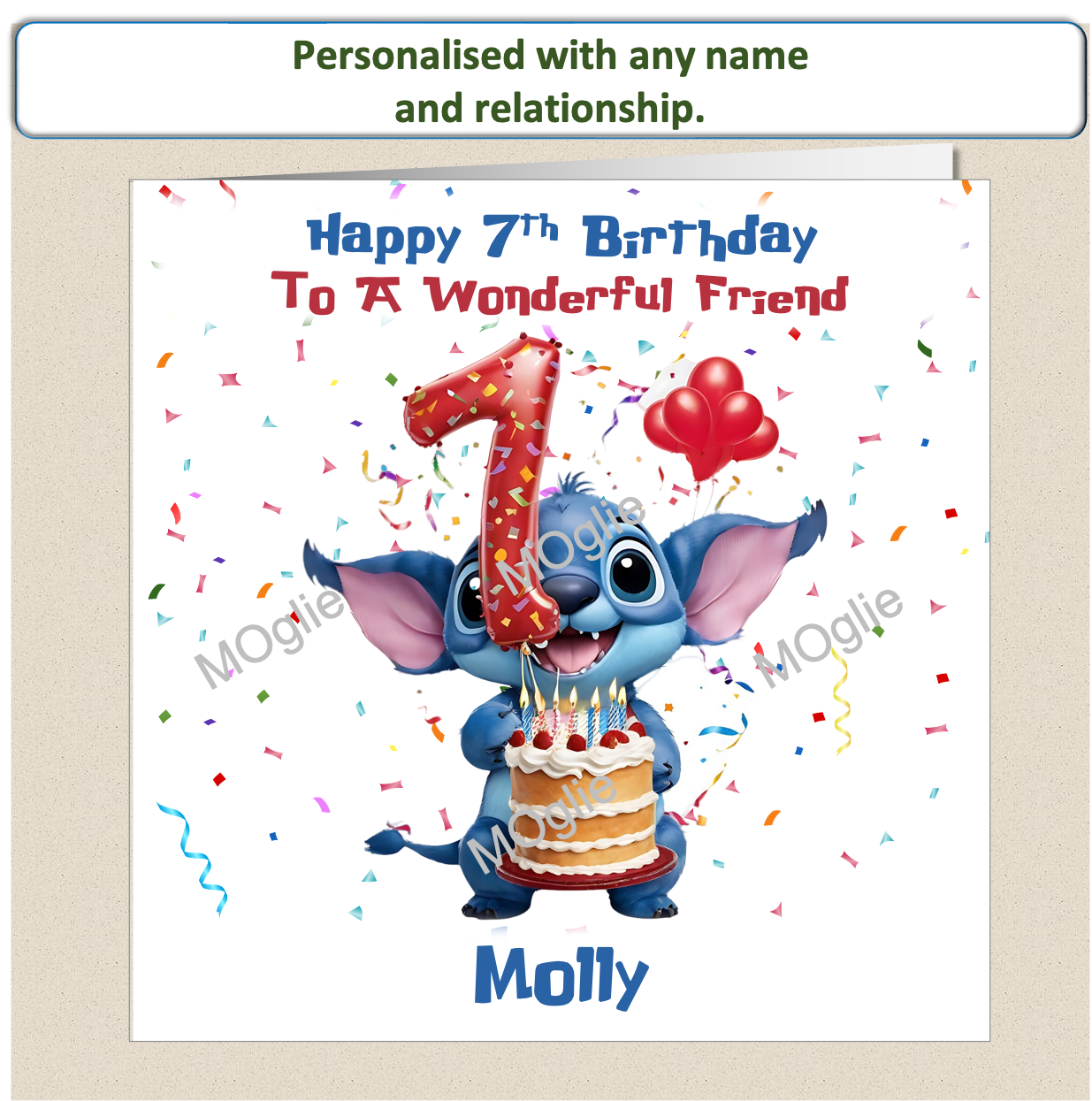 Personalised Lilo and Stitch 7th Birthday Cards with name and relationship