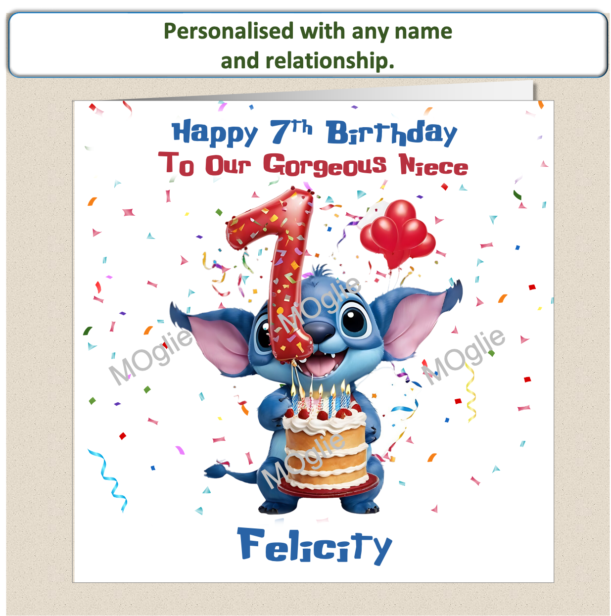 Personalised Lilo and Stitch 7th Birthday Cards with name and relationship