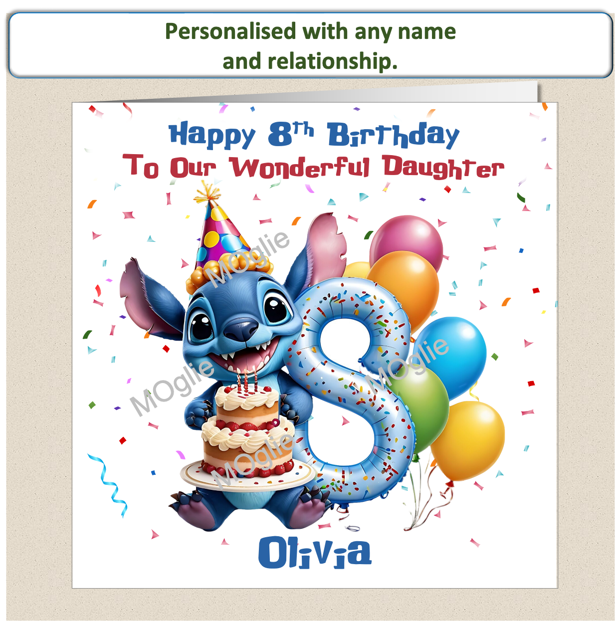 Personalised Lilo and Stitch 8th Birthday Cards with name and relationship