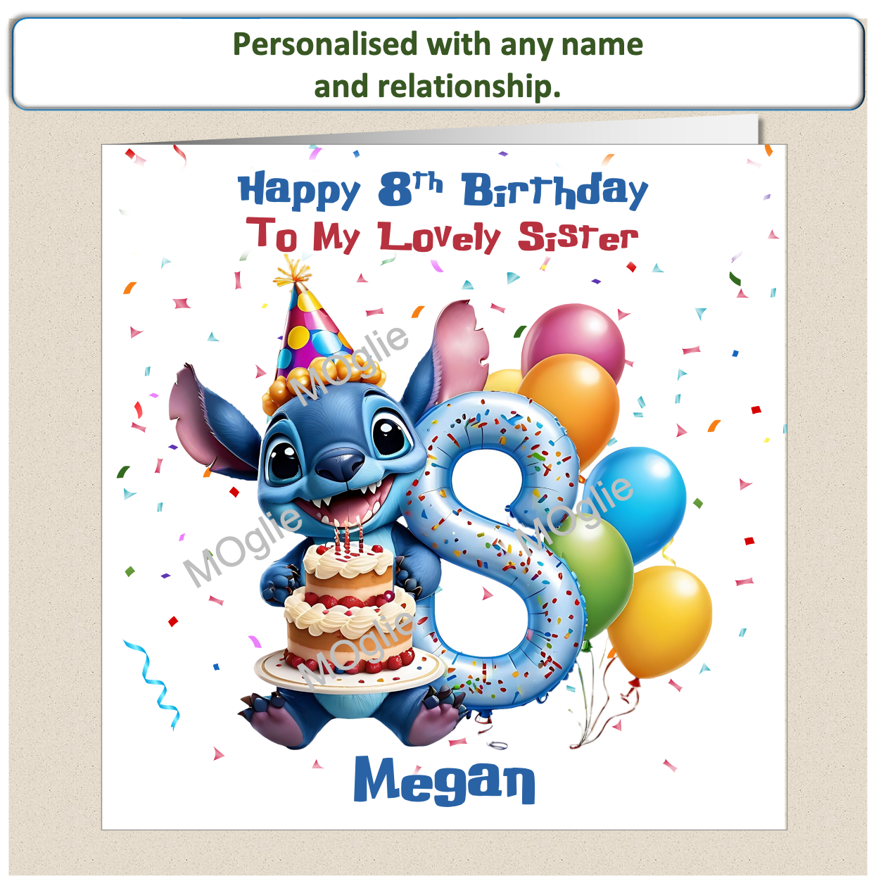 Personalised Lilo and Stitch 8th Birthday Cards with name and relationship