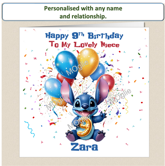 Personalised Lilo and Stitch 9th Birthday Cards with name and relationship