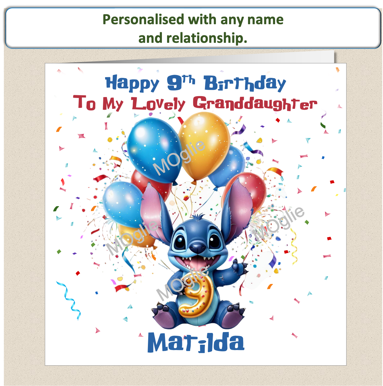 Personalised Lilo and Stitch 9th Birthday Cards with name and relationship